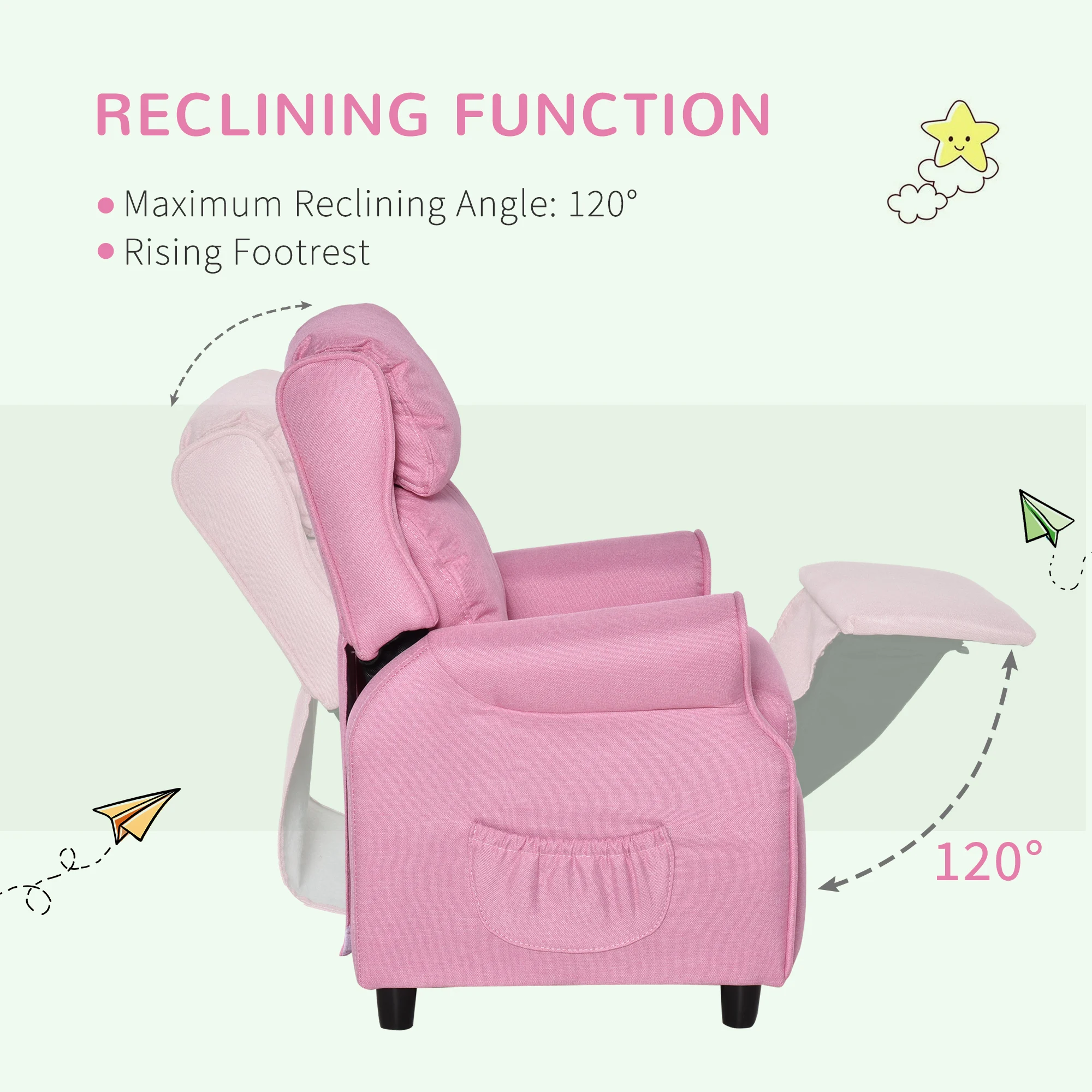 Kids Recliner Adjustable Armchair Sofa, Soft Sponge Cushion Accent Chair, Pink 5