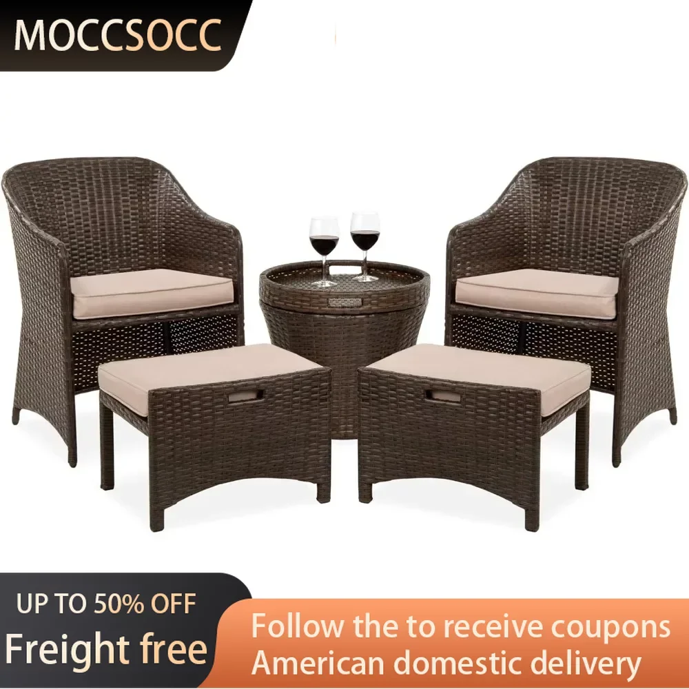 

5-Piece Outdoor Patio Furniture Set Tools No Assembly Required Wicker Conversation Bistro & Storage Table for Backyard Porch