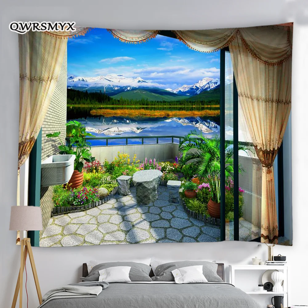 

Modern Balcony Mountain And Water Scenery Tapestry Hanging Home Living Room Decor Wall Tapestries Psychedelic Custom Tapestries