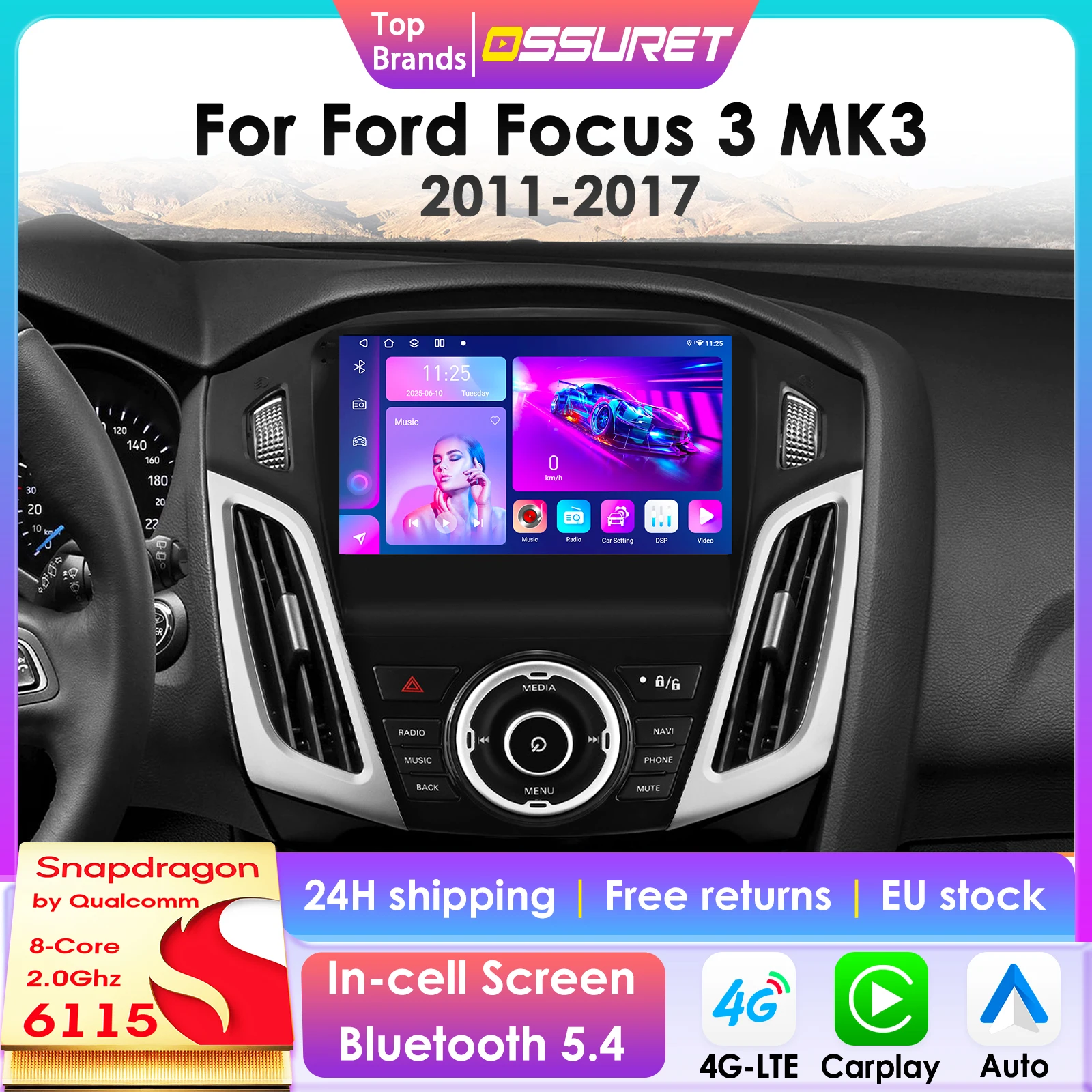 2Din 360-Grad-Kamera Android 14 Autoradio für Ford Focus 3 2011 - 2019 MK3 Auto-Multimedia-Player Intelligenter Bildschirm Autoradio Carplay