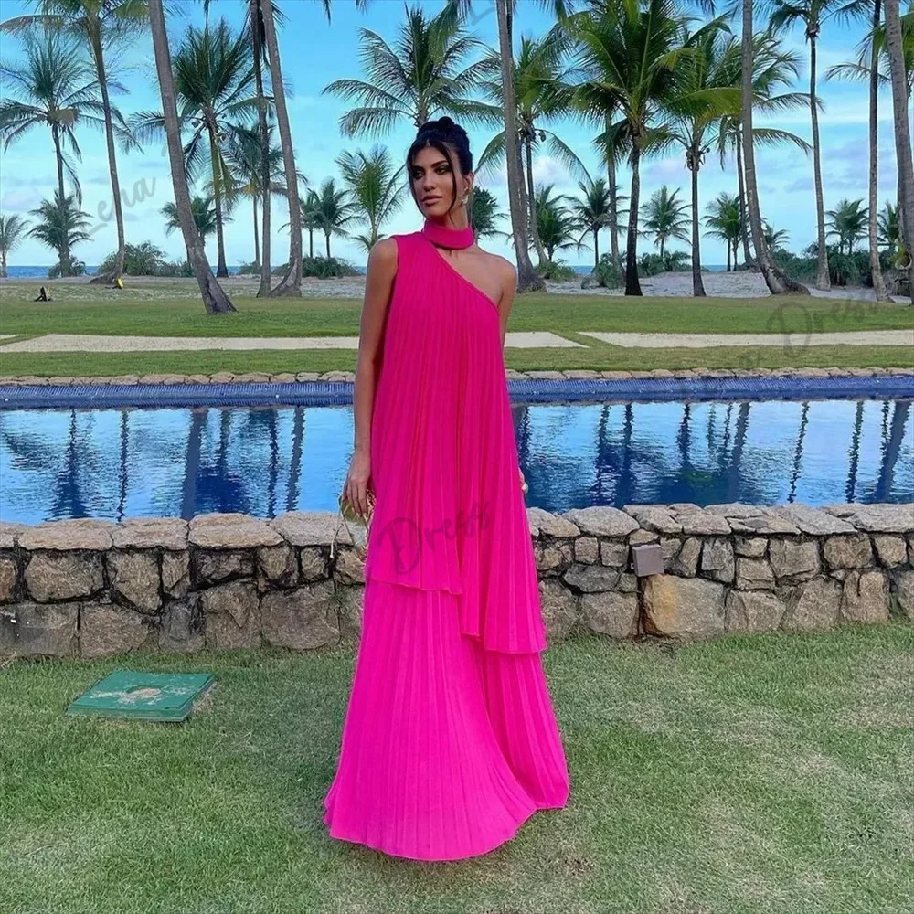 

Lena-One shoulder purple red evening gown chiffon pleated A-line party dress 2024 two-piece set