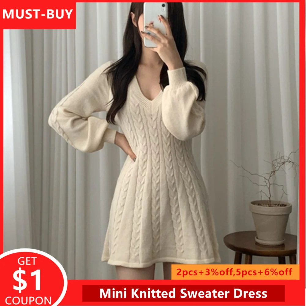 

Dress For Women 2023 Korean Fashion Casual V-neck Spring Autumn New Solid Color Lantern Sleeve Mini Knitting Pullover Dresses