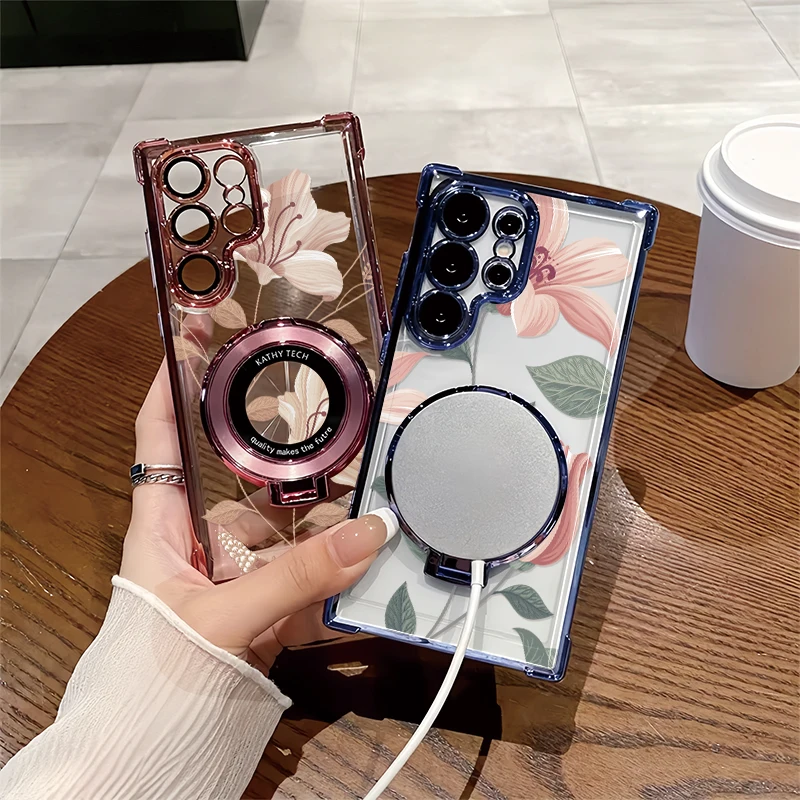 Flower Print Shockproof Phone Case with Bracket - Clear Cover Design