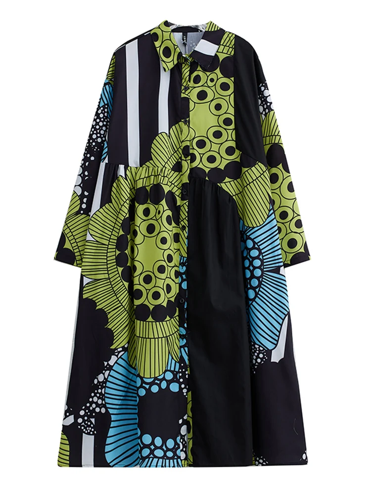 Long Sleeve Vintage Pattern Print Shirt Dresses For Women New Loose Casual Midi Dress Fashion Elegant Clothes Spring Autumn 2025