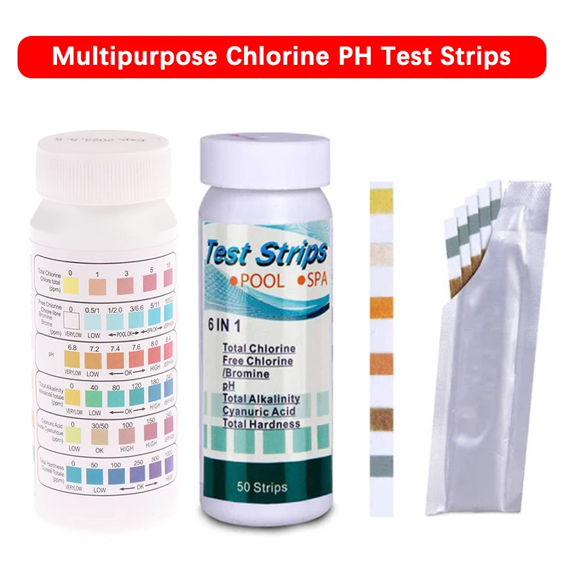 50pcs Water Test PH Strips Multipurpose 6-in-1 Water Tester Paper High Precision Easy Detection Aquarium Pool Accessories