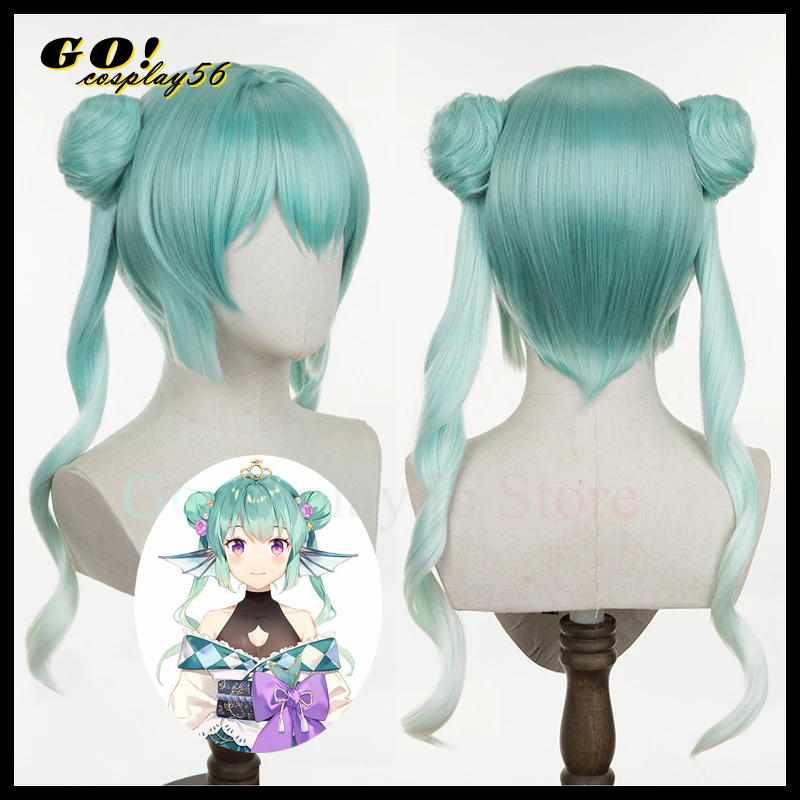 

Vtuber Finana Ryugu Cosplay Wig Ears Gradient Green Buns Long Curly Hair 2022 NIJISANJI LazuLight Idol Vitual Youtuber Headwear