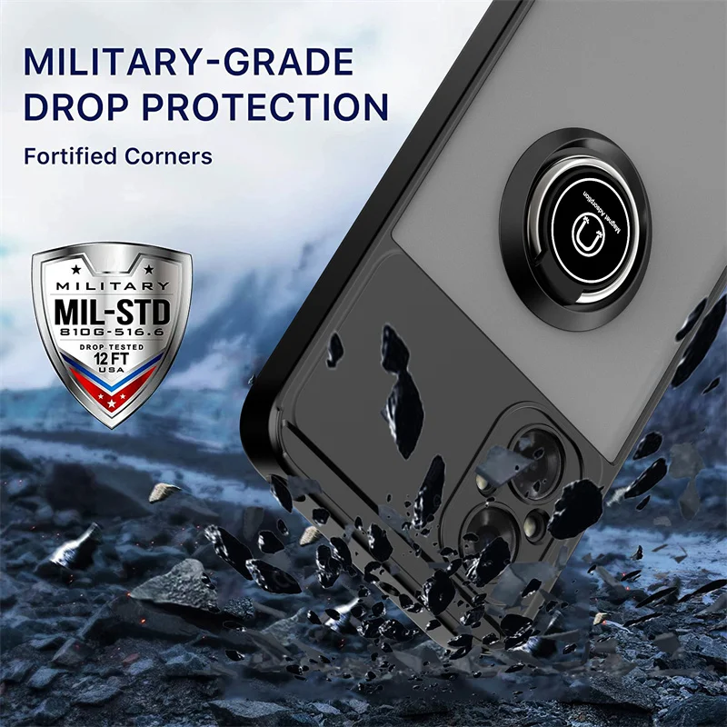 Shockproof Matte Armor Phone Case with Metal Ring Holder