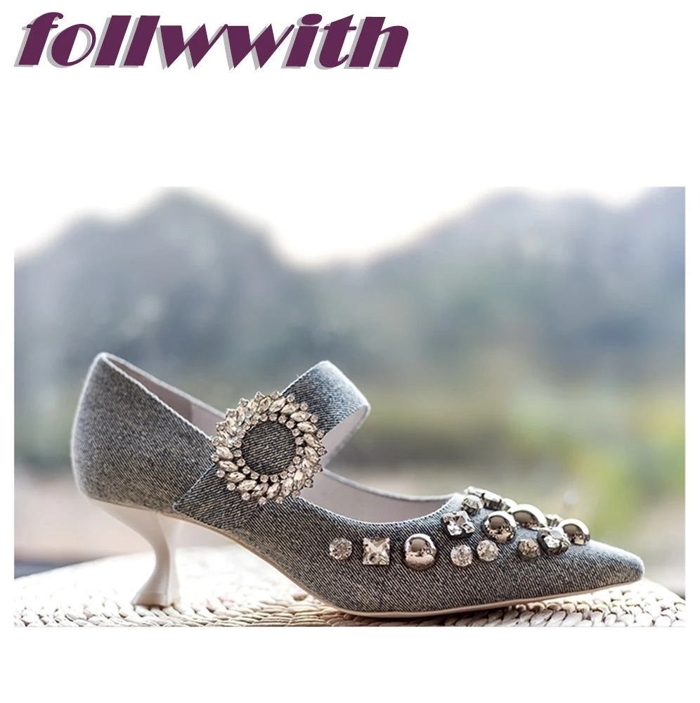 

Denim Crystal Metal Ball Round Rhinestone Bordered Buckle Pumps Low Heels Unique Style Daily Woman 2024 Summer Ladies Shoes
