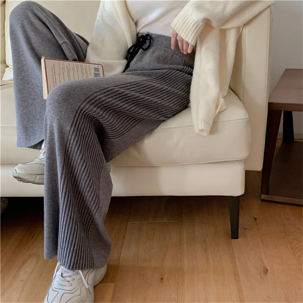 

PLAMTEE Winter OL Work Wear Pants Women High Street Knitted Straight Loose Chic New Slim Casual Warm All Match Wide Leg Mujer