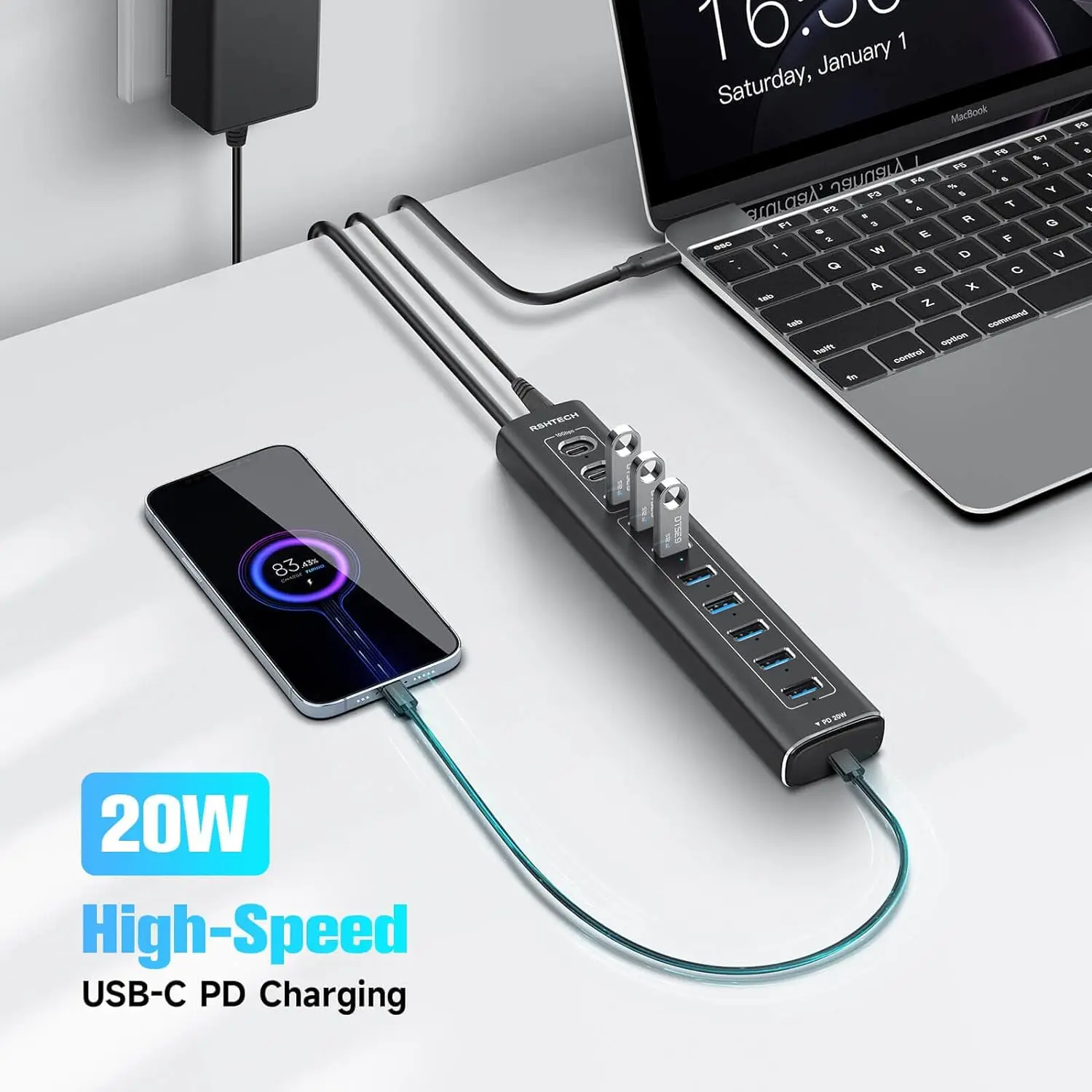 RSHTECH 60W USB Hub 11 Ports Type C Hubs with 10Gbps USB Data Port PD 20W Aluminum USB Splitter for Macbook Laptop PC Computer 5