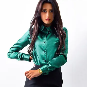 Women Spring And Autumn Vintage Satin Shirt Turn-down Collar Long Sleeve Button Pure Color Silky Tops 3