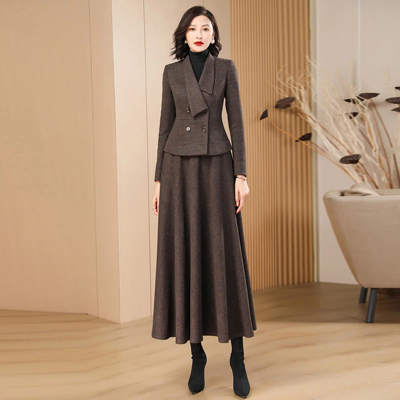 Women Brown Striped Woolen Sets Autumn Winter New Fashion Elegant Slim Wool Blends Blazer And High Waist A-Line Long Skirt