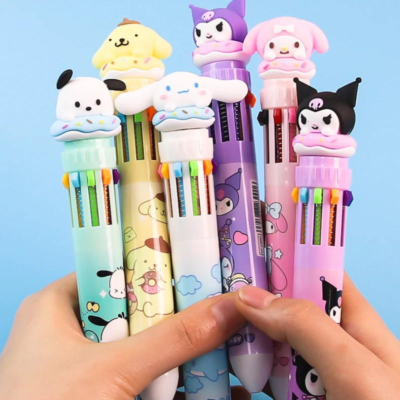 Ballpoint Pen Sanrio Press Ten Color Cartoon Kawaii Kuromi Multi-color Students Gel Pen Melody Sanrio Stationery Write Cute Pens