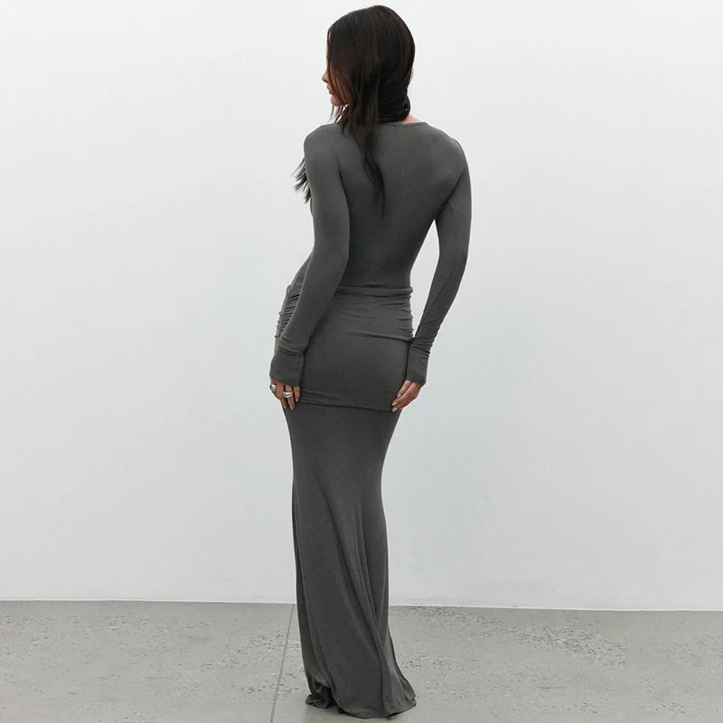 Fashion Mesh Patchwork Maxi Dress Women's Pleated Skinny High Waist Slim See-Through Solid Party Dress Female Long Dress