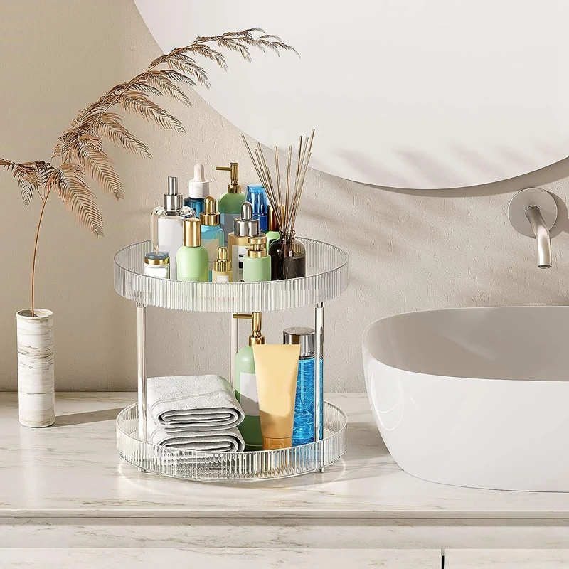 360° Rotating Storage Tray 2 Tier Lazy Susan Bathroom Countertop Organizer, Cosmetics And Perfume Organizer 4