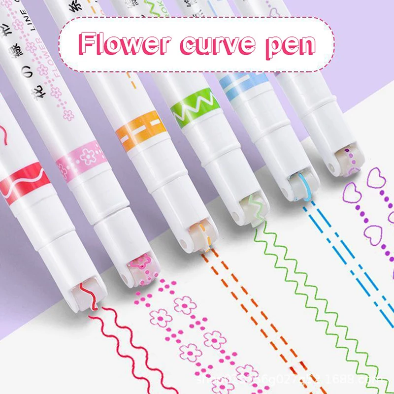 

3/6PCS Line Shaped Highlighter Roller Tip Curve Liner Marker Pens Kawaii Graffiti Pen Children Stationery School Office Supplies