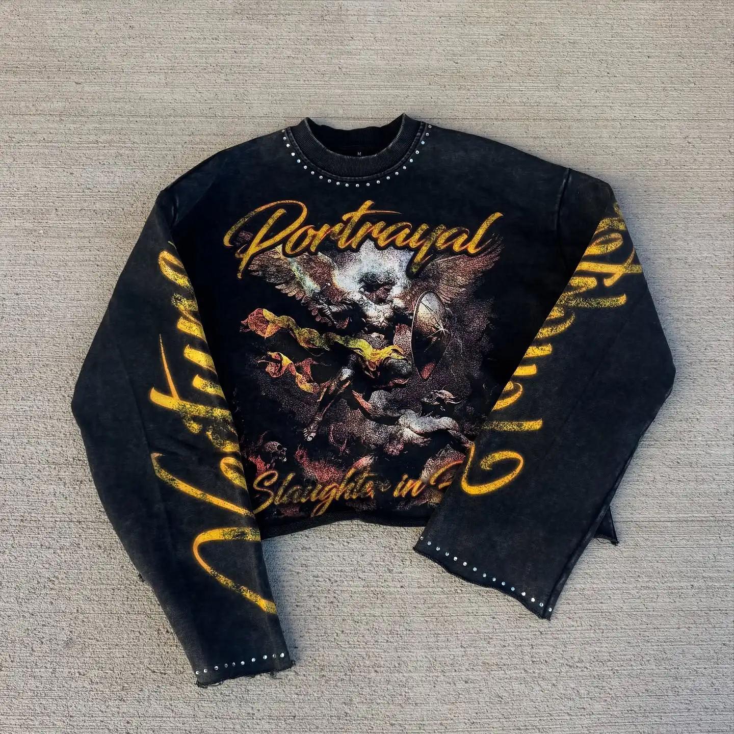 Balck Retro Gothic Oversized Long Sleeve Tees Men Women Harajuku Hip Hop Graphic Print Rhinestone T-shirts Cotton Loose Tops