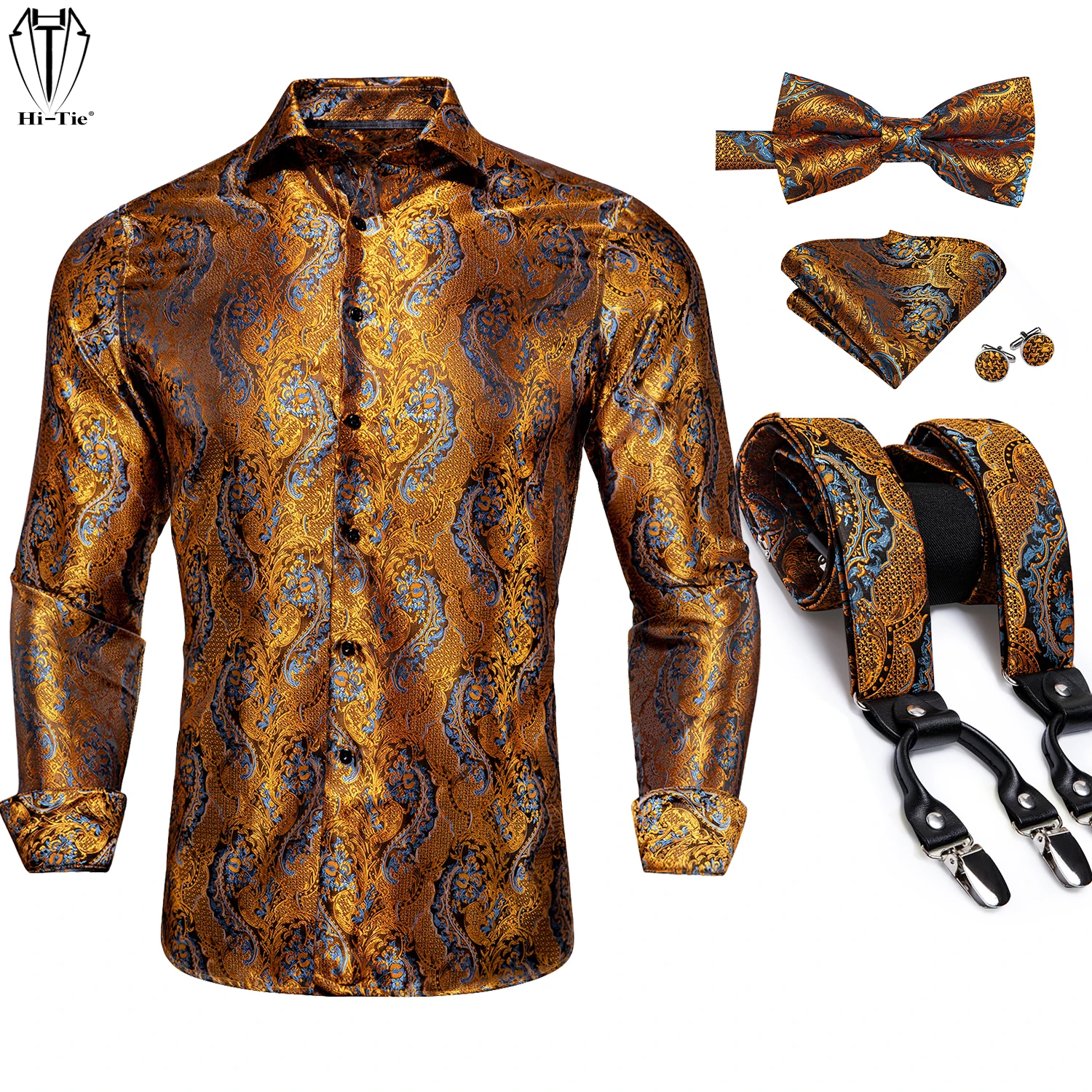 Camisa Social Masculina DiBanGu - Estampa Paisley Prateada Para Casamentos E Eventos