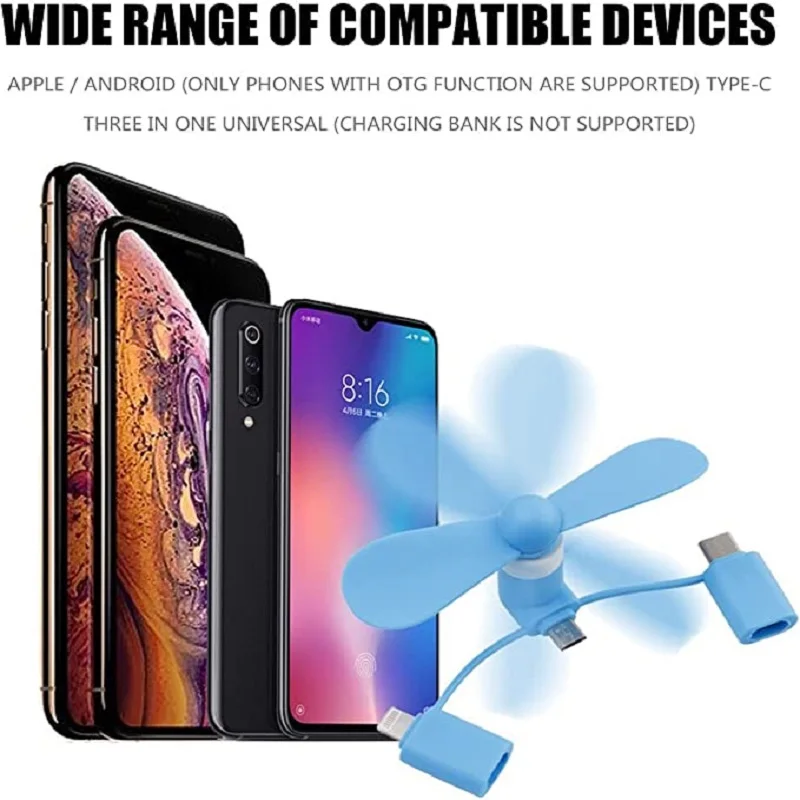 휴대폰 팬 iPhone/iPad/안드로이드 스마트폰/태블릿과 호환되는 3-in-1 휴대폰 팬 마이크로 USB/타입 C/라이트닝에 적합