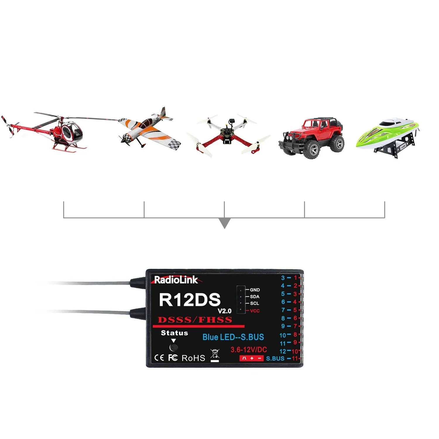 Radiolink 2.4GHz R12DS 12 Channels RC Radio Receiver Support SBUS/PWM DSSS&FHSS AT9/AT9S/AT9S Pro/AT10/AT10II images - 6