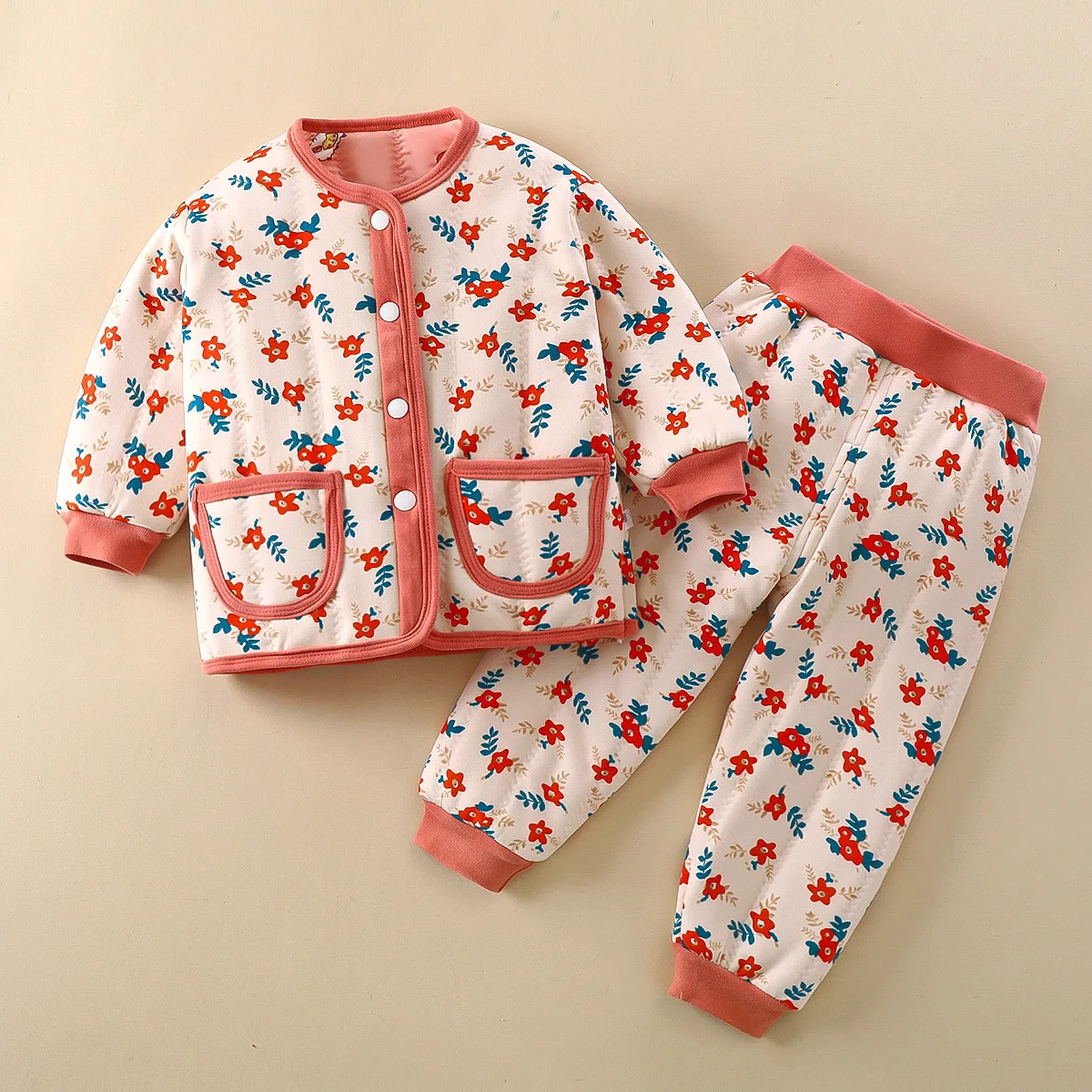 

New Autumn Winter Kids Cotton-padded Clothing Sets Boys Girls Cartoon Floral Thicken Warm Coat + Pants Baby Pajamas Sleepwear
