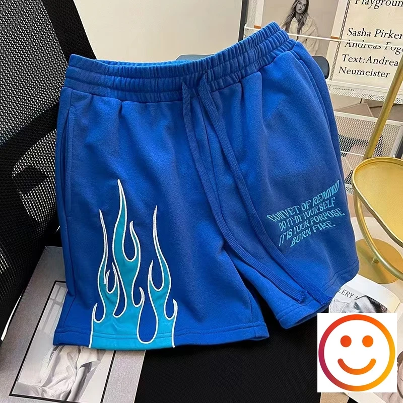 Hip Hop Flame Patch Embroidery Loose Straight Five Track Shorts Men Women Victory Match Sweatpants Drawstring Sport Shortpant