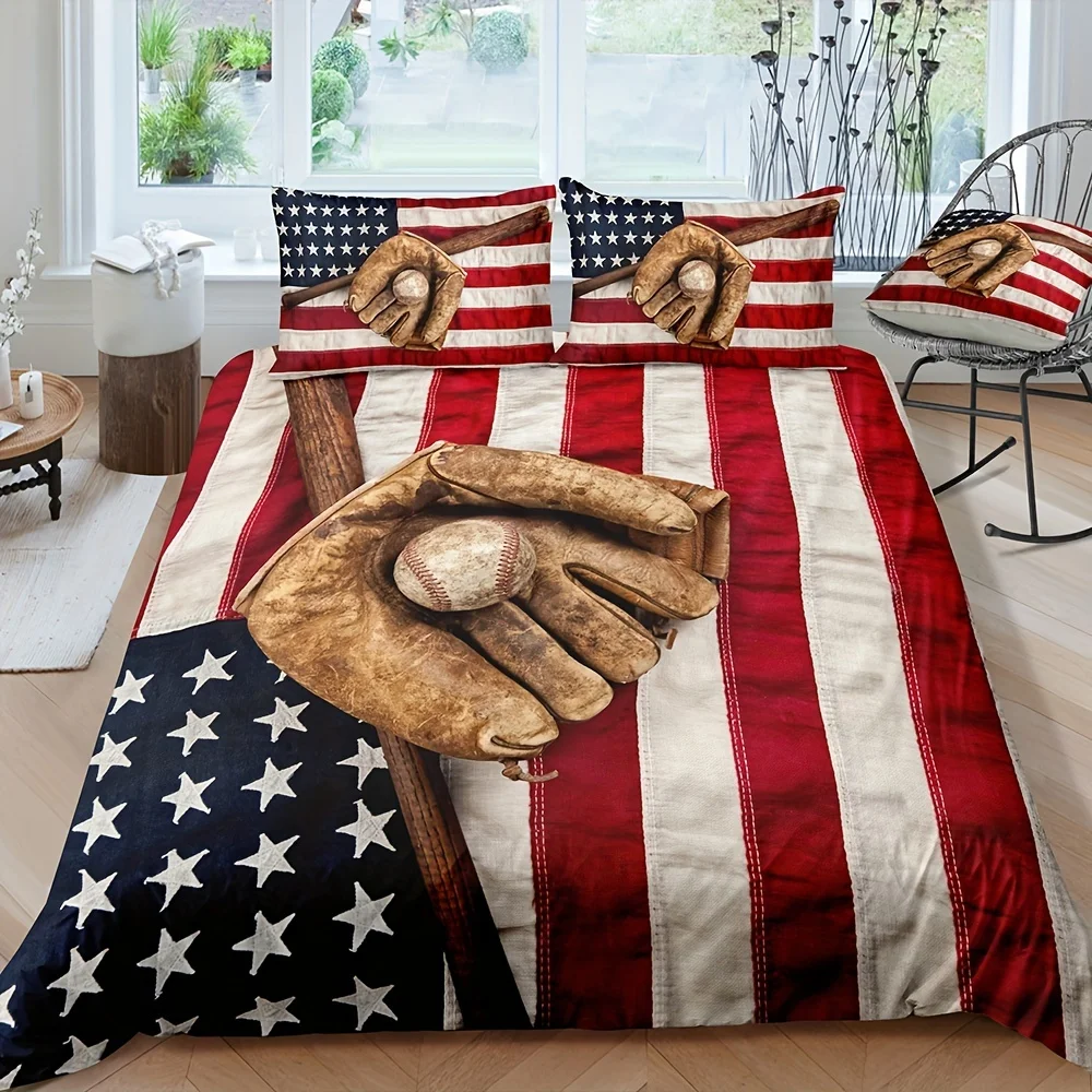 

Baseball American Flag Print Bedding Set Soft Comfortable Duvet Cover For Bedroom Guest Room1*Duvet Cover + 2*Pillowcases