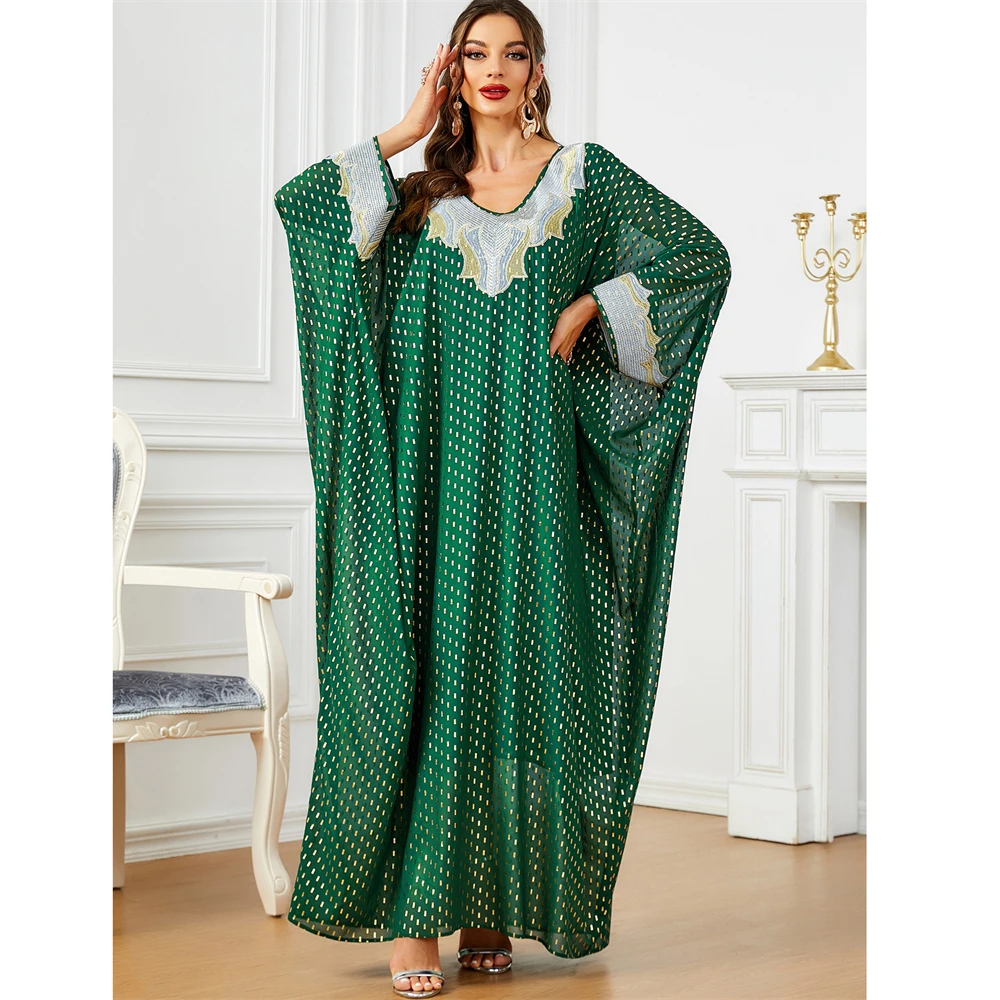 

Abaya Polka Dot Embroidery Muslim Women Bat Sleeve Oversize Loose Maxi Dresses Dubai Kaftan Eid Party Gown Islam Turkey Morocco