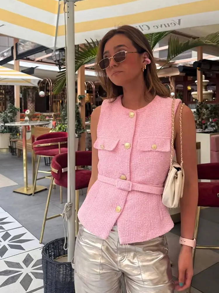 HH Women Fashion O-Neck Sleeveless Texture Vest Top Female Chic Button Pockets Decoration Casual Slim Waistcoat Top Mujer