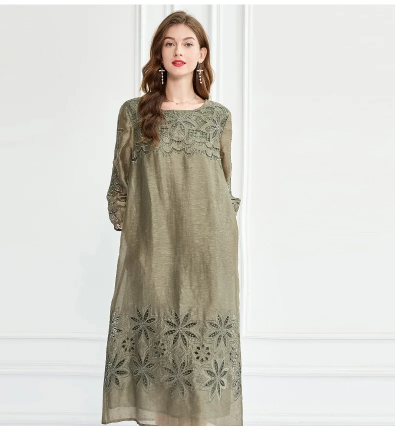 

4xl 3xl 2xl Linen Dress 2022 Autumn Style Women Hollow Out Embroidery 3/4 Sleeve Pocket Patchwork Mid-Calf Green Dress Female
