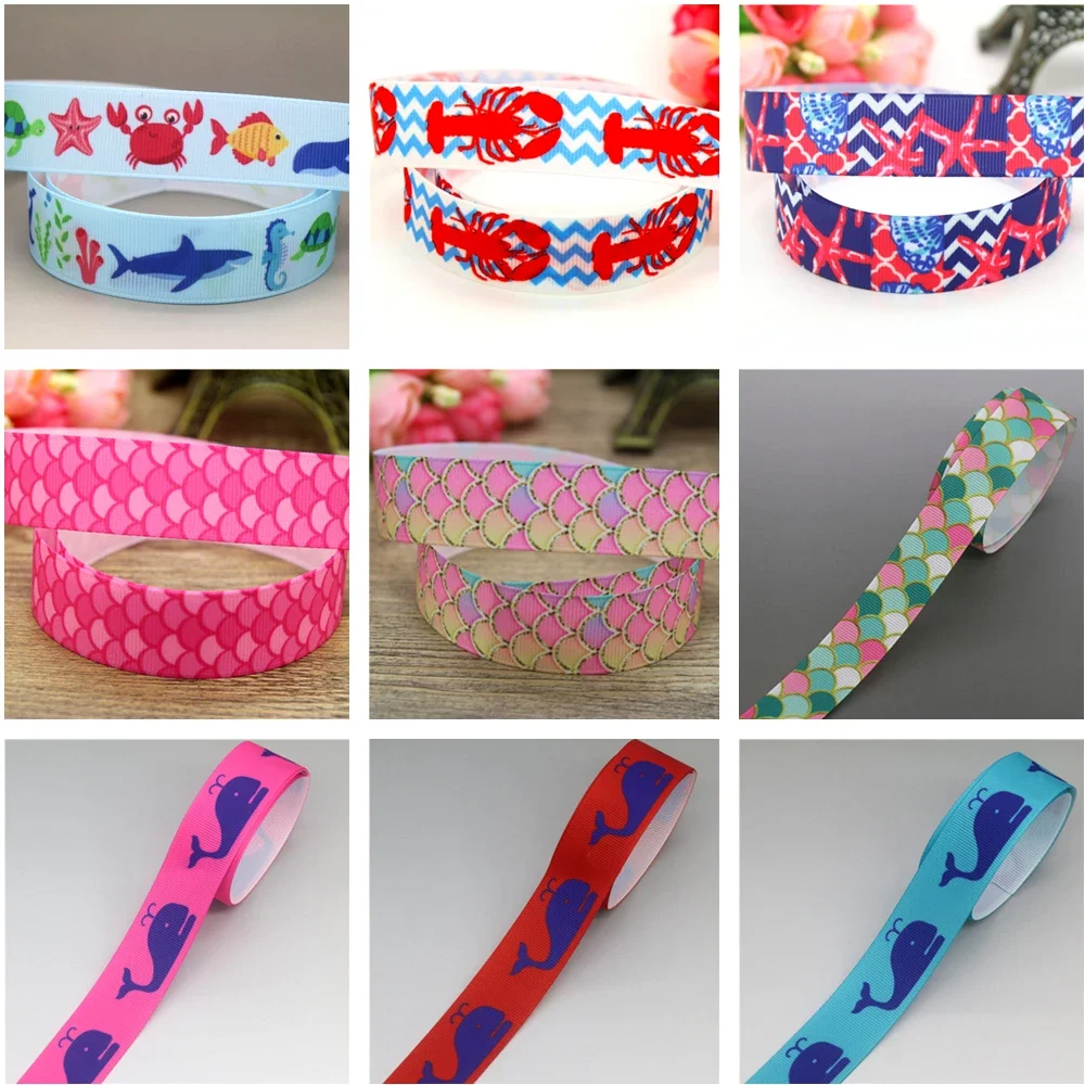 Whale Sea Animals Printed Grosgrain Ribbon 7/8'' 5yards Accessory Hairbow Headwear Decoration DIY C1810