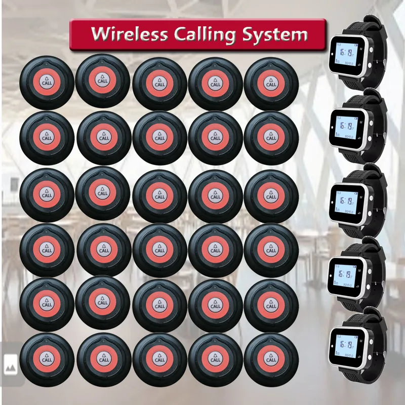 30 Call Button Transmitter 5 Waiter Watch Pager Receiver Wireless Restaurant Hotel Bar Service Guest Calling System