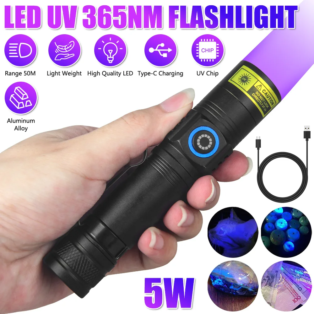 

5W Rechargeable LED UV Flashlight Ultraviolet Torch Mini 365nm UV Black Light Pet Dog cat Urine Stains Detector Scorpion Hunting