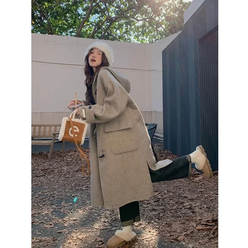 Fat MM300 Catty Hooded Cowhide Button Woolen Coat 2023 Autumn and Winter New Loose Medium Length Woolen Coat Women's Solid Color