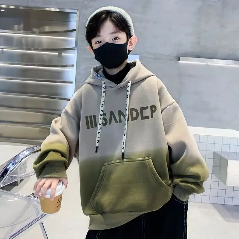 New teens children boy velvet letter hooded fashion Autumn and winter street fashion 5.6.7.8.9.10.11.12year hoodies