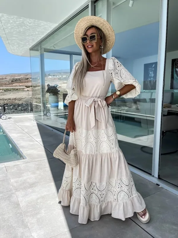 

Elegant Women Long Dress Lace Puff Sleeves Vestidos Hollow 2023 New Summer Party Loose Swing Slash Neck Bandage Dresses Beach