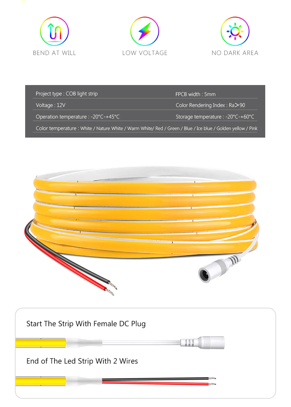 Description Picture 3 of item5mm Ultra Thin DC 12V Colorful COB LED Strip Lights for Home Decor Ice Blue/Pink/Red High Density LED Tape Color Car FOB RA90