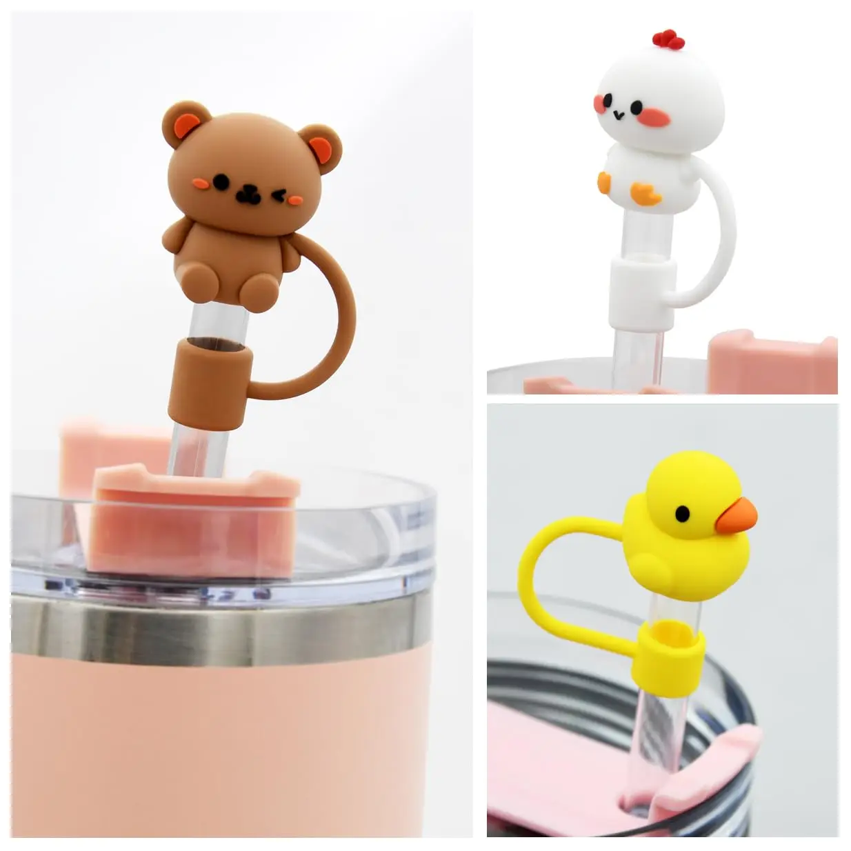 Adorable Silicone Straw Cap Set - Reusable Straw Toppers for Tumblers with Handles, Pack of 5