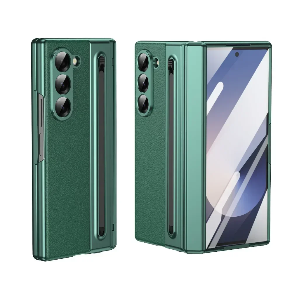 Leather & Steel Film Pen Slot Phone Case with Hinge Protection - Shockproof Cover