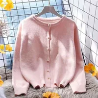 Pink White Purple Yellow Knitted Sweater Women Short Cardigan Spring Autumn Fashion O-Neck Long Sleeve Knit Tops Ladies Jumper 1