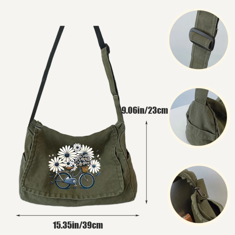 Women's Shoulder Bag Canvas Crossbody Bag Floral Bicycle Print Large Capacity Messenger Bag for Daily Shopping