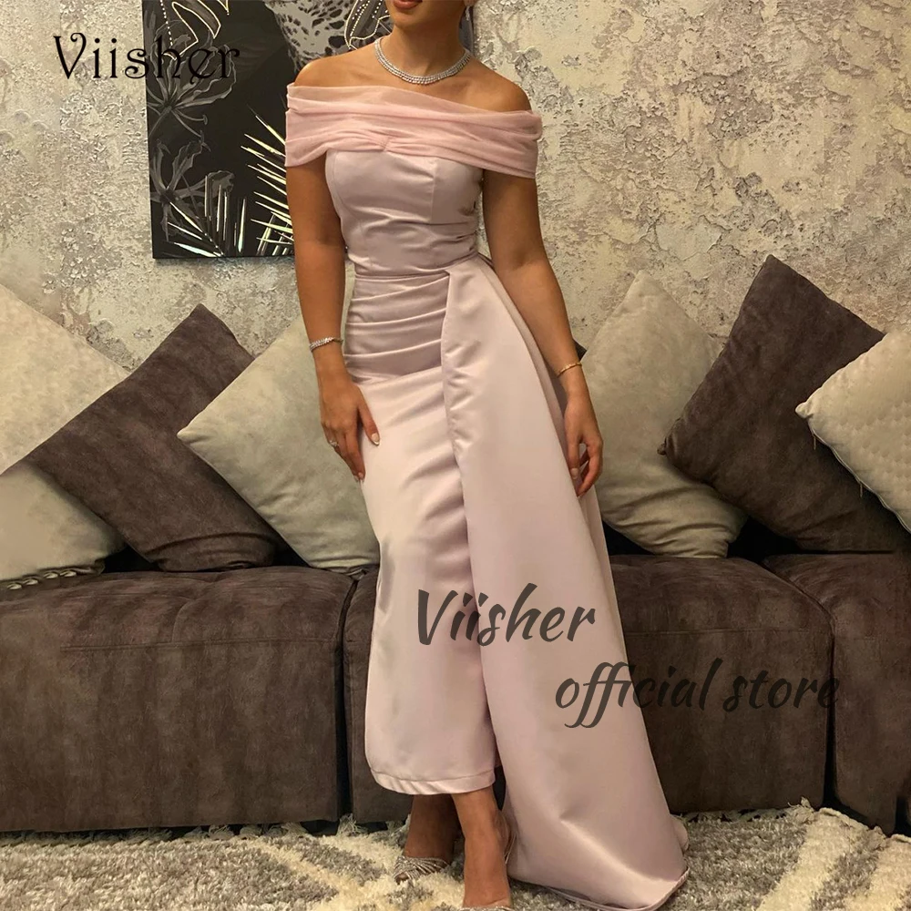 

Viisher Dusty Pink Mermaid Evening Dresses Off Shoulder Satin Tulle Formal Prom Dress with Train Long Arabian Dubai Party Gown