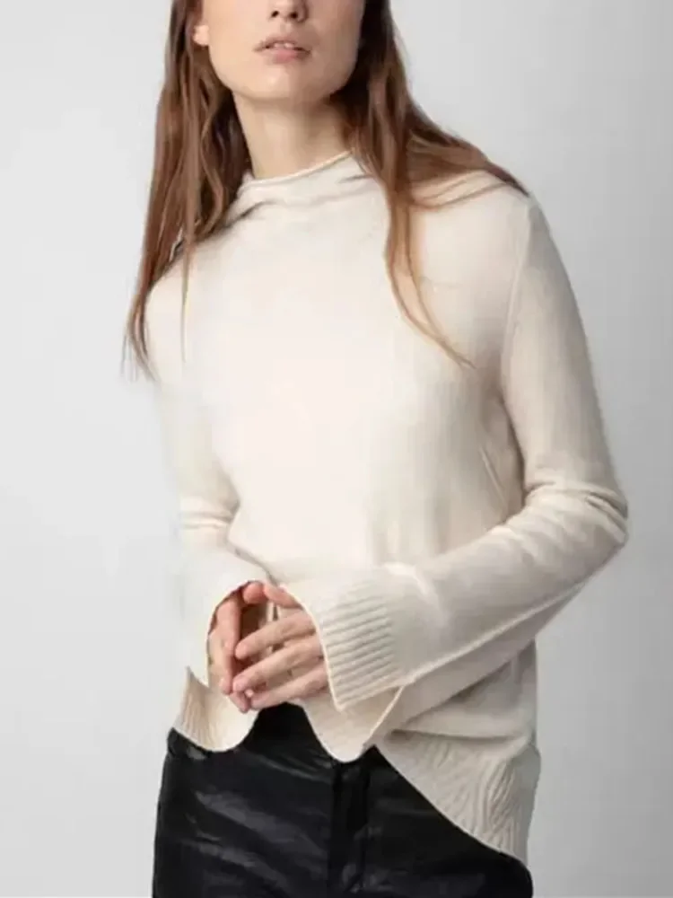

100% Cashmere Hooded Sweater For Women Cuffs Slit Simple Casual 2024 Spring New Knitted Long Sleeve Pullover
