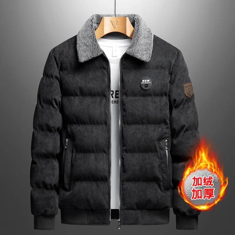 Winter Fleece Thick Lapel Corduroy Jacket Men Warm Parka Brand Windproof Long Sleeve Zipper Outerwear Men Clothing