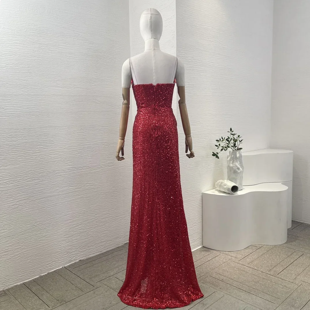 Ladies' 2024 New Club Sexy Red Sleeveless Sequined Slit Hem Diamonds Maxi Dresses 2