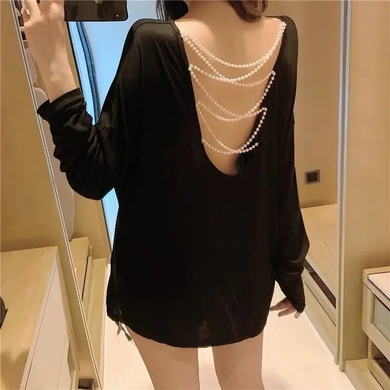 

Sexy Beading Hollow T-Shirt 2022 Summer Short Sleeve Women Tee Shirt Loose Solid Women Casual O-neck Hipster T Shirt Top 3XL