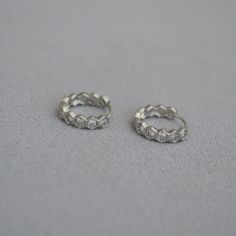 18K Gold Plated Glitter Diamond Earring Hexagonal Honeycomb Zircon Decor Brass Hoop Earrings
