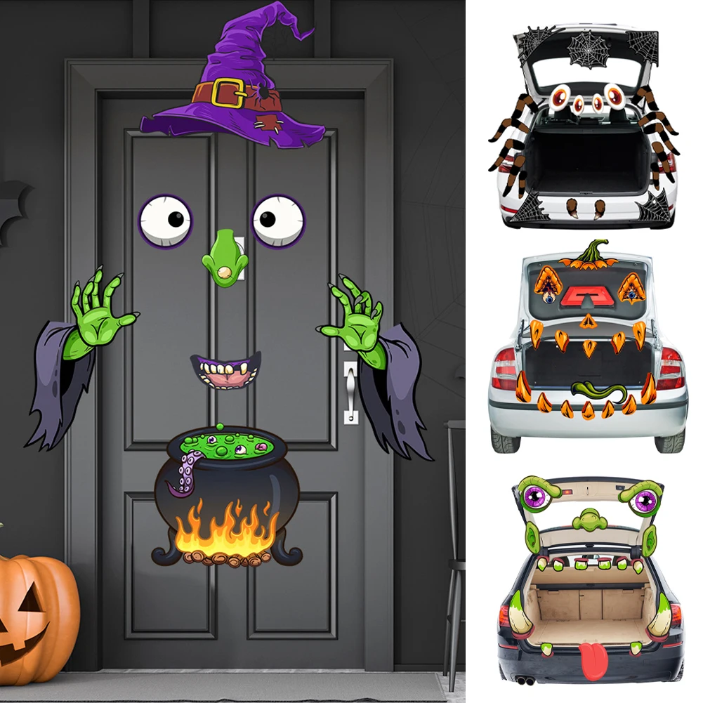 

Halloween Car Decoration Monster Face Sticker Spider Witch Pumpkin PVC Car Decals For Garage Door Arch Family Patio Car Window
