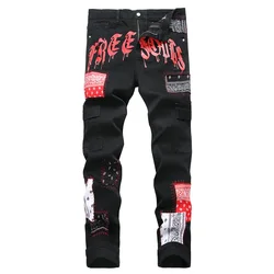 Men Bandana Paisley Patches Jeans Pockets Cargo Black Stretch Denim Pants Letters Print Slim Tapered Trousers