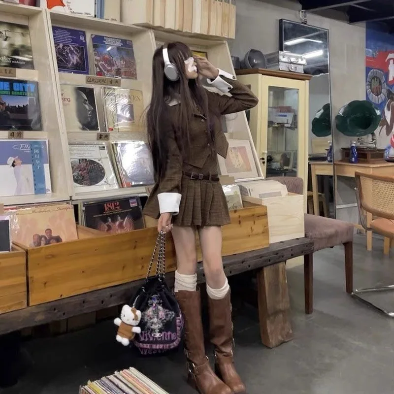

Korean College Woolen Plaid Jacket Pleated Skirt Two-piece Set Women Fashion Lapel Splice Temperament Brown Sweet Slim Fall Suit